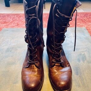 Frye Cognac Leather Combat Boots with Stacked Heel